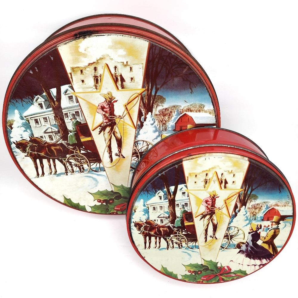 VINTAGE DELUXE FRUIT CAKE Tin 2 Piece Set Holiday Western Old Christmas